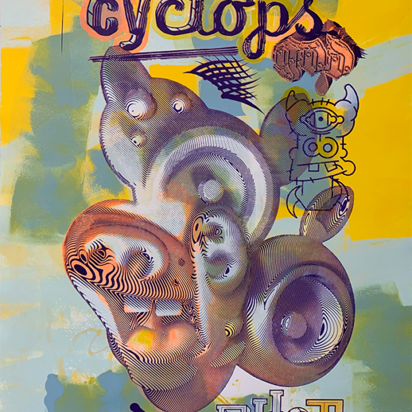 "(E)laughing(L) Cyclops #2"
By Elliott Earls
Number 2 in an Edition of 5
Acrylic, Silkscreen Ink and Spraypaint
29 x 40″
Hand Painted – 2 sides. (each print in the edition is unique)
Archival Heavyweight 270gsm 100% Cotton Rives BFK Paper with a Deckle Edge
Signed, Numbered and Blind Embossed with the Cranbrook Print Shop Chop
Released May 21, 2019
