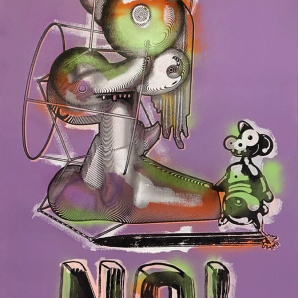 "No! #2"By Elliott EarlsNumber 1 in an Edition of 5Acrylic, Silkscreen Ink and Spraypaint29 x 40″Hand Painted. (each print in the edition is unique)Archival Heavyweight 250gsm Coventry Rag 100% Cotton Paper with a Straight EdgeSigned, Numbered and Blind Embossed with the Cranbrook SealReleased July 3, 2019