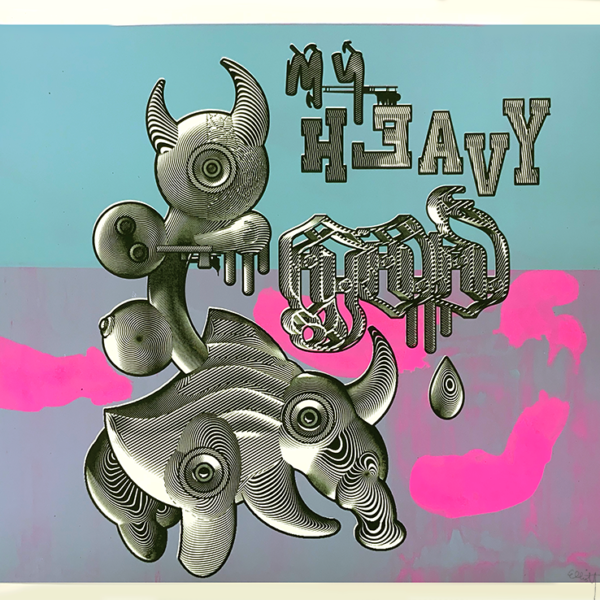 "My Heavy God Mono Print #1"
By Elliott Earls
30 x 22″
Edition of 1 Print
3 Spot Color - Hand-Pulled Screen Print
Printed on Coventry Rag Heavy Weight 100% Cotton Paper. 
Signed, Numbered and Blind Embossed by the Artist.
Released October 5, 2019.