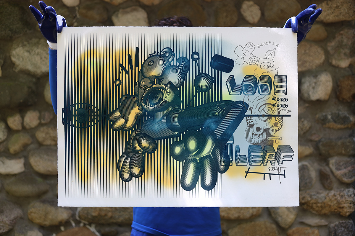 "Loose Leaf Chief 002" (translation #2)"
By Elliott Earls 
22 x 30″
Edition of 20 Prints 
1 color - Hand-Pulled Screen Print with graphite drawing and spray.
Printed on Rives BFK Heavy Weight 100% Cotton Paper. 
Signed, Numbered by the Artist.
Released July 15, 2020.
