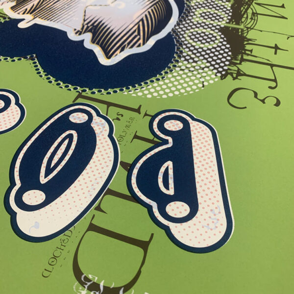 Detail View of "New Power (A Cathode Kingdom Remix)" by Elliott Earls
4 Spot Color Hand-Pulled Screen Print Over 2 Color (Offset Lithographic) Press Proof.
23in. (w) x 37.5in.(h)
Signed and Numbered.
Edition of 30.
2021 (Over Press Proof from 1995).