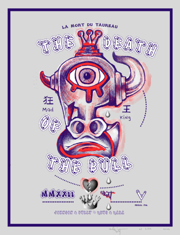 “La Mort Du Taureau”
By Elliott Earls
20 x 26 in.
4 Spot Colors - 1 Flourescent
Open Edition.
Canson Mi-Tieintes. Moon Grey 50% Cotton Paper with a Straight Edge - Archival
Signed & numbered by the Artist
Released October 1, 2022
Hand-Pulled Screenprint